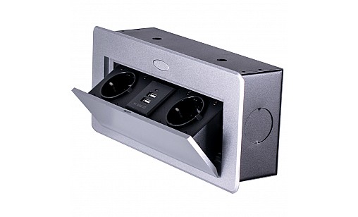 Блок врезной на 2 розетки и 2 USB разъёма с подъёмной крышкой Алюминий