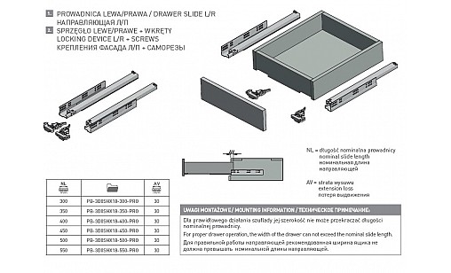 Направляюча п/в плавн. доведення д/дер. ящик Modern Slide PRO для ДСП 18мм 3D L-500 PB-3D0SHX18-500-PRO GTV