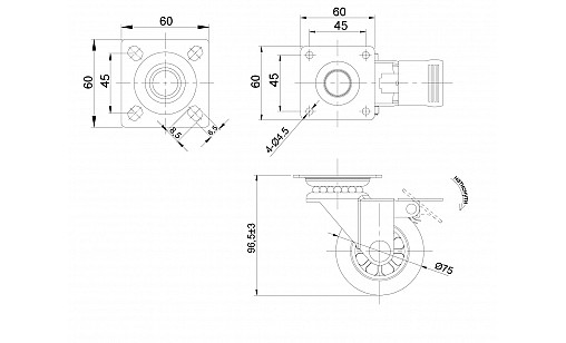 Ролик d-75 мм поліуретановий з пластиною і гальмом ДС
