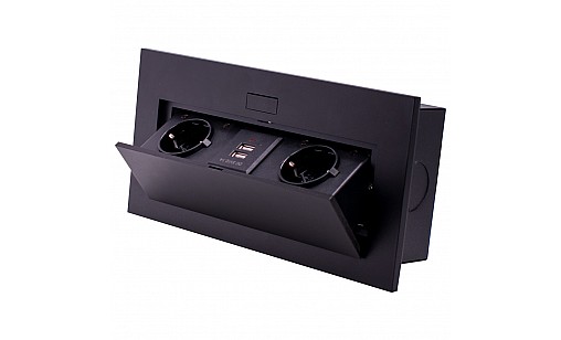 Блок врезной на 2 розетки и 2 USB разъёма с подъёмной крышкой Чёрный