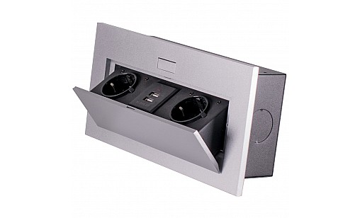 Блок врезной на 2 розетки и 2 USB разъёма с подъёмной крышкой Алюминий