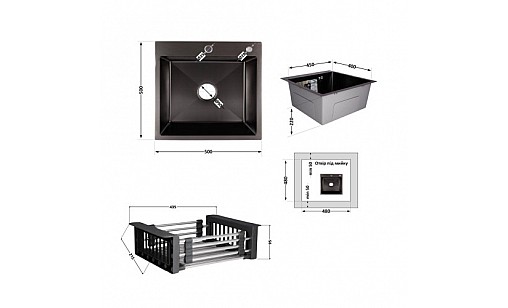 Мойка нержавеющая LIDZ H5050B PVD Black Brush 3,0/1,0 мм (47526) с корзиной и дозатором черный