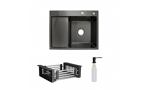 Мойка нержавеющая LIDZ H6350BL PVD Black Brush 3,0/1,0 мм (47528) с корзиной и дозатором крыло слева черный