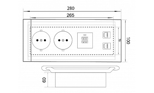 Блок врезной на 2 розетки 2USB телефонный сетевой разъем с выдвижной крышкой (черный) Блок врезной на 2 розетки 2USB телефонный сетевой разъем с выдвижной крышкой (черный)