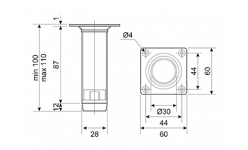 Ніжка регульована NL 05 / 100-108 G2 Хром D-30мм завальцована ДС СтандартЛайн Ніжка регульована NL 05 / 100-108 G2 Хром D-30мм завальцована ДС СтандартЛайн