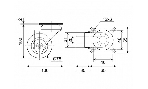 Ролик D-75мм резиновый Серый с площадкой ДС