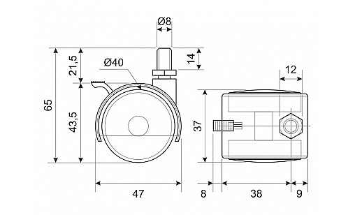 Ролик D-40 мм пластиковый Чёрный со штифтом и тормозом ДС Ролик D-40 мм пластиковый Чёрный со штифтом и тормозом ДС