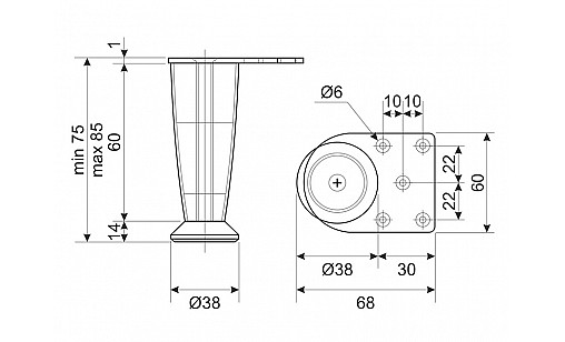 Ніжка меблева стальна DZ 056/75 G2 Хром Н=75ммконусна ДС