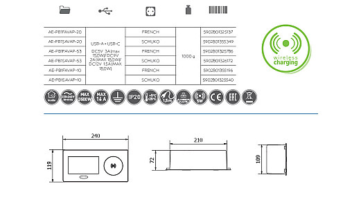 Удлинитель для офиса AVARO PLUS, 1 розетка SCHUKO USB А С WC 5W  провод 1,5 м алюминий AE-PB1SAVAP-53 GTV
