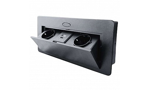Блок врізний на 2 розетки   USB   TypeC роз'єми з підйомною кришкою з округлими краями Чорний