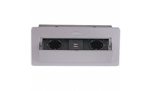 Блок врезной на 2 розетки и 2 USB разъёма с подъёмной крышкой Алюминий Блок врезной на 2 розетки и 2 USB разъёма с подъёмной крышкой Алюминий