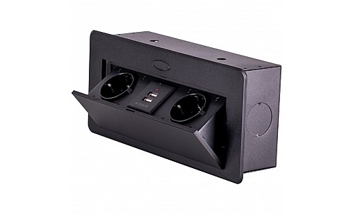 Блок врезной на 2 розетки и 2 USB разъёма с подъёмной крышкой Чёрный
