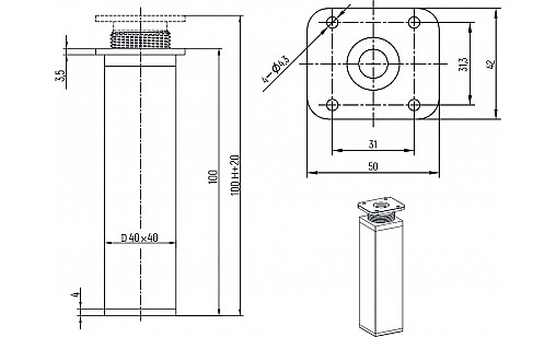 Нiжка квадратна 40х40мм Н=100мм Біла ДС