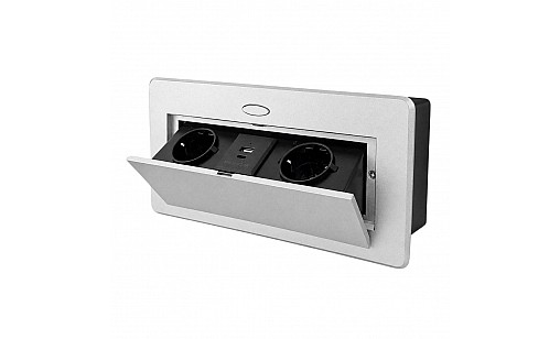 Блок врізний на 2 розетки   USB   TypeC роз'єми з підйомною кришкою з округлими краями Алюміній