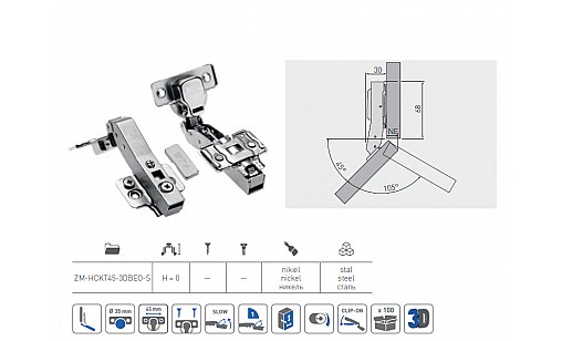 Петля угловая с доводчиком 45* 3D ZM-HCKT45-3DBEO-S GTV