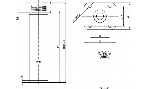 Ножка круглая d=40мм Н=100мм Алюминий ДС Ножка круглая d=40мм Н=100мм Алюминий ДС