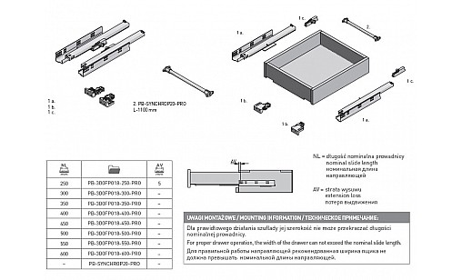 Напрямна скритого монтажу, повний висув Modern Slide L-450 (16-18 мм) 3D PUSH TO OPEN PB-3D0FPO18-450-PRO