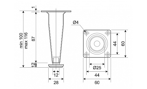 Ножка регулируемая NL 25/100-R G2 Хром H-100мм конусная ДС СтандартЛайн