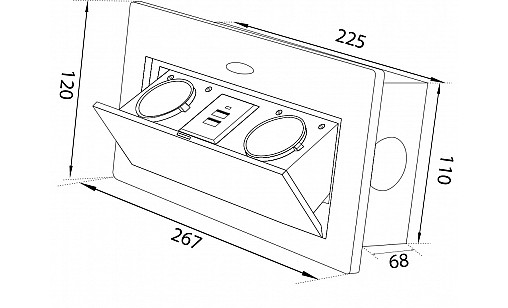 Блок врезной на 2 розетки и 2 USB разъёма с подъёмной крышкой Алюминий Блок врезной на 2 розетки и 2 USB разъёма с подъёмной крышкой Алюминий