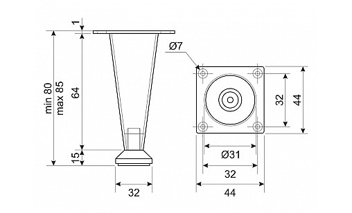 Ножка регулируемая NL 30/80 G2 Хром H-80мм конусная ДС