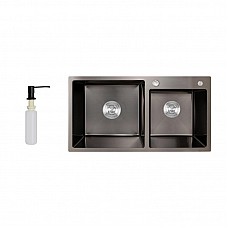 Мийка нержавіюча LIDZ H7843 PVD Black Brush 3,0/1,0 мм подвійна з дозатором чорний