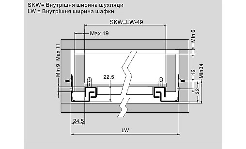 ДТС Направляющая скрытого монтажа 18мм L-450 частичного выдвижения G80C-450-H-X