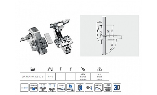 Петля на фальшпанель с доводчиком 90* 3D ZM-HCKT90-3DBEO-S GTV